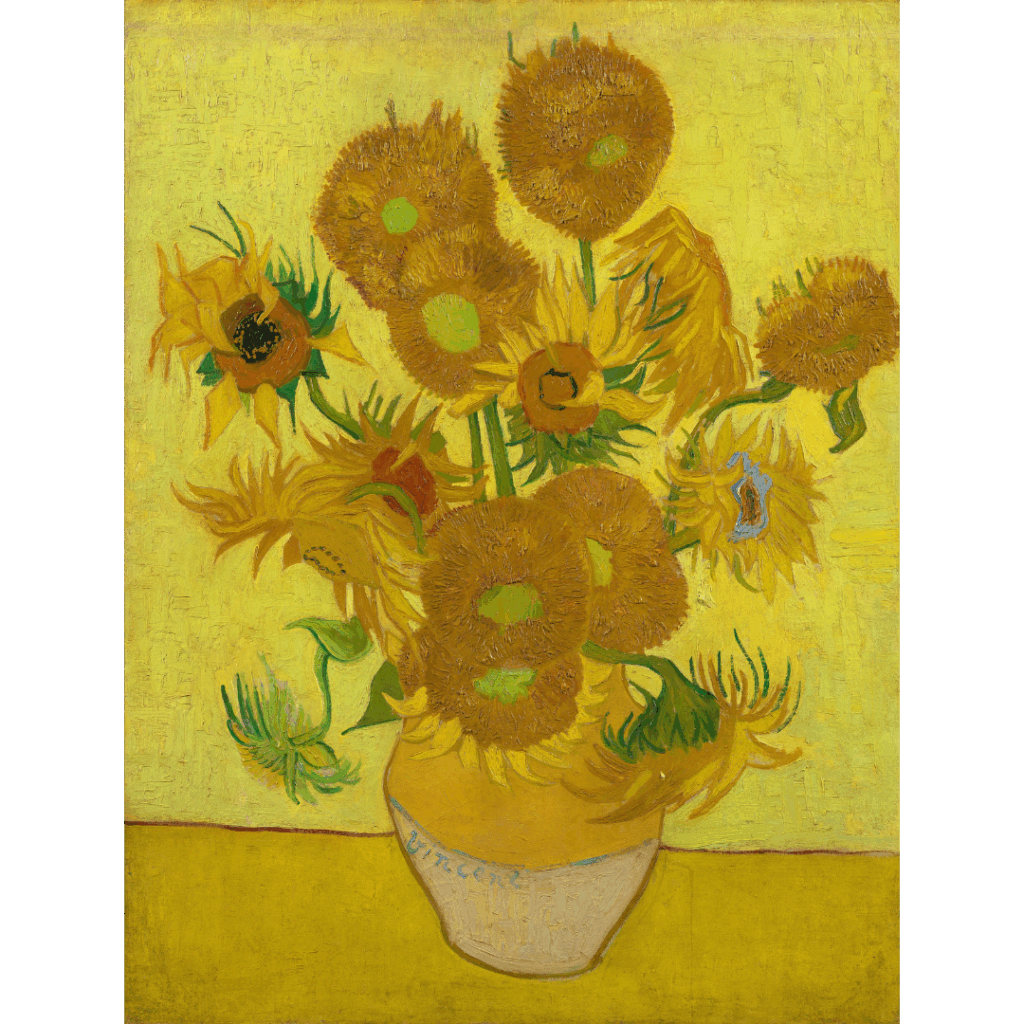 A vivid oil painting by Vincent Van Gogh depicting a vase filled with sunflowers.